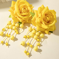 Pendientes de Flores de Rosa Grandes y Coloridos de Tela, Pendientes de Cuentas con Borlas de Flores para Fiestas Dulces