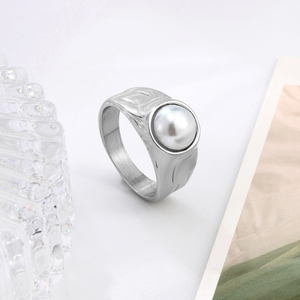 Bague en acier inoxydable plaqué or 14 carats avec perle sertie, étanche, pour <span class=keywords><strong>femme</strong></span>, vente en gros - Product Image 4