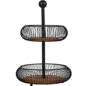 Corbeille à fruits ovale moderne en fil métallique noir à deux niveaux, design minimaliste pour le service alimentaire à la maison, durable, pour l'organisation de la cuisine - Product Image 1