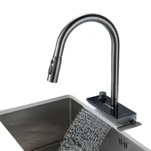 Big Waterfall Grey Kitchen Faucet Flexible Connections Durable Free Spinning Pull Out Spray Rain Dance Kitchen Tap