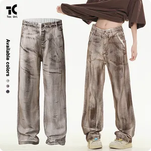 Amerikaanse Stijl Retro Vuilwitte Tie-Dye Jeans Trendy Heren En Dames Merk Vibe Hoogwaardige Losse Broek Met Rechte Pijpen