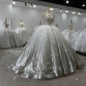 Pour Jancember XS169 robe de bal moderne robe de mariée pour les femmes à manches courtes cristal embellissements dentelle Appliques longues fleurs - Product Image 2