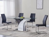 Table de Salle à Manger et Chaises Modernes de Luxe avec Plateau en Verre, Base en Bois et Chaises en Cuir pour la Maison, l'Appartement, la Cuisine ou le Restaurant