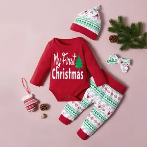 My 1st Christmas Baby Toddler Outfits Cartoon Santa Claus Long Sleeve Bodysuit Pants Hat Set 3PCS Xmas Set