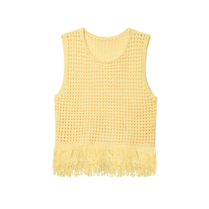 Gilet décontracté en maille jaune à col rond pour femme avec œillets respirants et pompons, 100 % polyester - Product Image 1