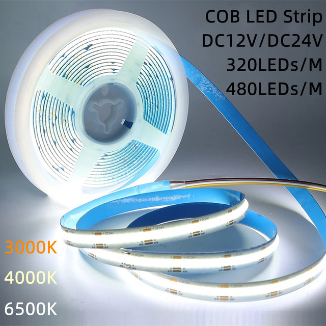 320LEDs/M 480LEDs/M COB LED Strip Light DC12V/24V 8mm Wide CRI 90 High Density Flexible Dimmable Lights Ribbon for Room Decor