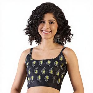 Sari en soie vert et noir imprimé à la main avec bordure contrastante, tenue ethnique indienne traditionnelle pour femme, usage quotidien décontracté - Product Image 1