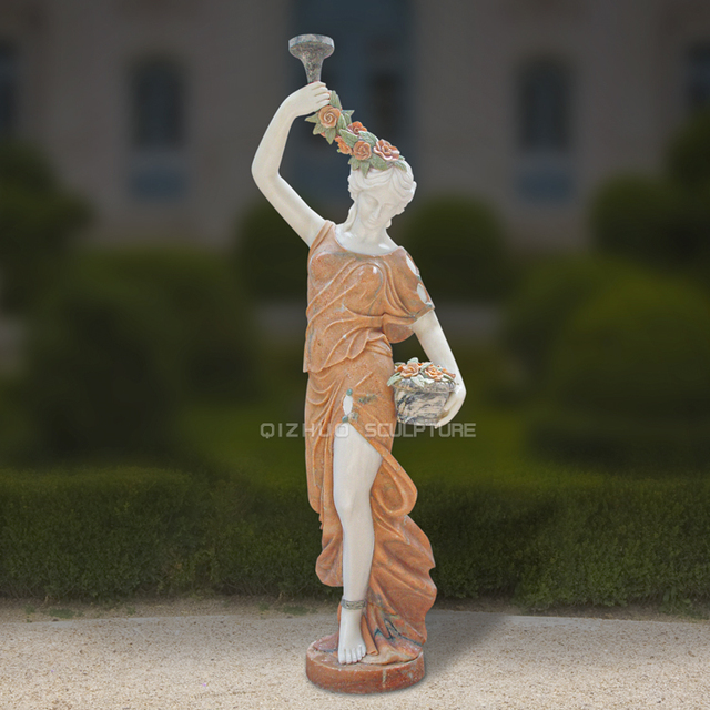 Garden Outdoor Decor Life Size Hand Carved Marble Natural Stone Female Statue with Lamp