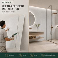 Panneau mural SPC moderne MORLENX, aspect pierre blanc-gris, imperméable, grand format, revêtement pour appartement, cuisine et intérieur d'hôtel