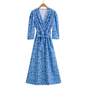 Vestido Midi con Estampado Floral Azul, Cuello en V, Manga Tres Cuartos, Estilo Tubo, Casual, Veraniego, Transpirable, para Mujer - Product Image 6