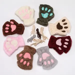 Women Girl Lovely Winter Fleece Half Finger Gloves Cute Warm Cat Claw Paw Plush Fingerless Gloves