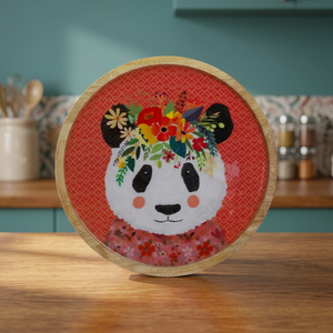 Plateau décoratif au design artistique de panda avec un imprimé floral vibrant, finition lisse, pièce maîtresse parfaite pour la décoration moderne de la maison - Product Image 1