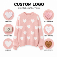 Pull tricoté décontracté à manches longues pour femme, coupe ample, amincissant, motif cœur contrastant, avec logo frontal – Collection Hiver – Grande Vente