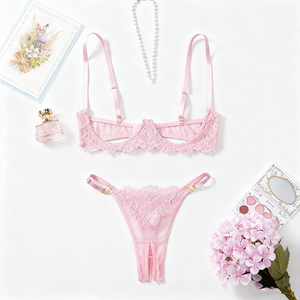 时尚清新甜美粉色印花多色可选蝴蝶结吊带女式内衣文胸套装 - Product Image 6