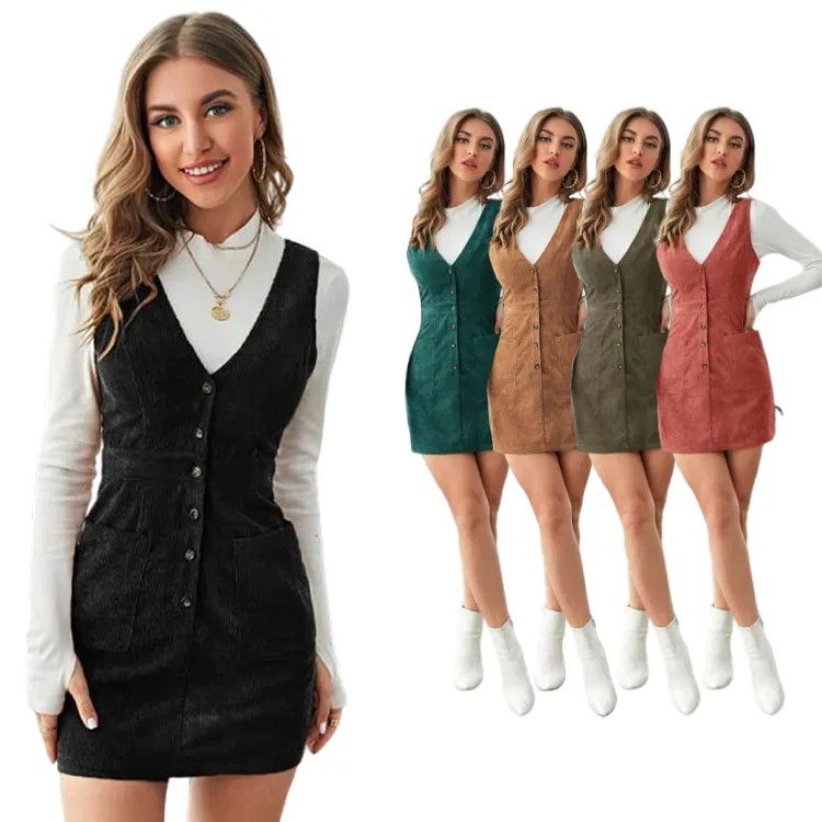 ODM Single Breasted Patch Pocket Cord Gesamt kleid Frauen Spring High Waist Straight Pinafore Solid Casual Short Kleider