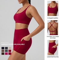 Ensemble de yoga 2 pièces pour femme : Soutien-gorge de sport à col rond et bretelles croisées, short taille haute avec poches, extensible dans quatre directions, résistant à l'eau