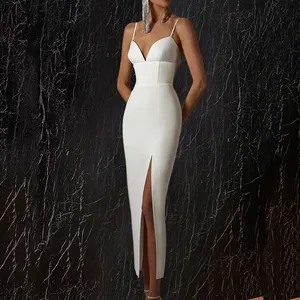 Latest Slim Fit Sexy Sling V-Neck Satin Dress Ladies Prom Split Solid Color Evening Dress