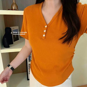 Summer New Wide Loose Shoulder Buttons Half Open V-Neck Short Sleeve Anti-pilling Washed <strong>T</strong>-<strong>shirt</strong> <strong>Joker</strong> Slim ToP - Product Image 1