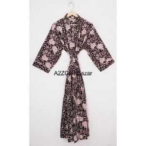 Bata de Kimono hecha a mano de algodón Natural 100% para mujer, albornoz de cintura elástica suave y cómoda, estampado de bloque de mano, Vida Diaria Floral - Product Image 6