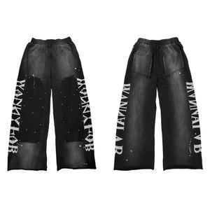 Pantalones de hombre de algodón 100% lavado con doble remache en la rodilla, estilo leñador, dobladillo enrollado, efecto salpicado, vintage, de pierna recta, con detalles de cuero, para correr - Product Image 3