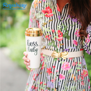 High Quality 16 Ounce Insulated Travel <strong>Mug</strong>, <strong>White</strong>/<strong>Gold</strong> Double Wall Thermal Tumbler for Coffee/Tea