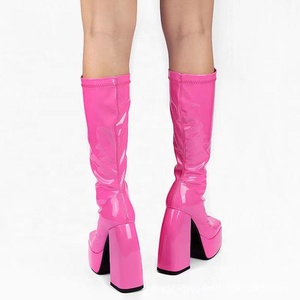 Fashion Square Toe Short Winter <b>Boots</b> Thick Platform High Chunky Heel Women's Knee High <b>Boots</b> Zipper Patent Leather 43 - Product Image 5