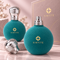 Flacon de parfum vert sarcelle floqué 100 ml, sphérique, vide, en verre, avec vaporisateur, contenant de luxe en velours, logo personnalisé