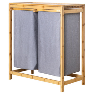 <b>Laundry</b> Storage Rack With Two Bins Bamboo Frame For Bathroom Clothes Organization Floor <b>Standing</b> Rectangle Design - Product Image 5