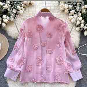 Autumn Loose Full Sleeve Others Collar Casual Mesh Blouses Women Floral <b>Beading</b> Shirts Front Elegant <b>Tops</b> Clothes Wholesale - Product Image 4