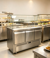 Gewerblicher 3-Türiger Salatvorbereitungs-Kühltresen aus Edelstahl mit Gebogener Glasscheibe für Restaurants und Buffets, 478L Automatisch
