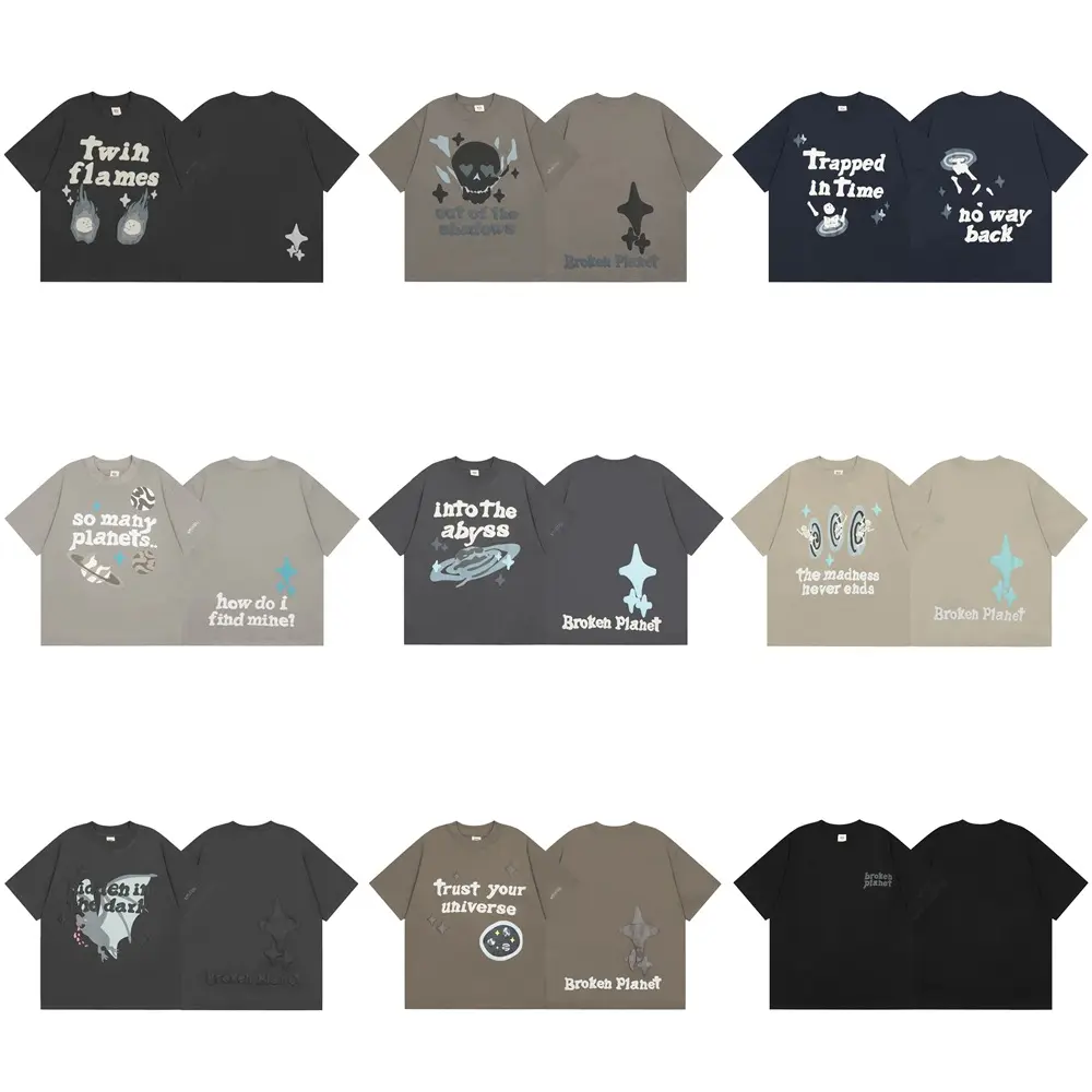 1:1 bị hỏng hành tinh thời trang phổ biến hộp TEE bọt in bông thoáng khí quá khổ T-Shirt O-cổ điển Unisex