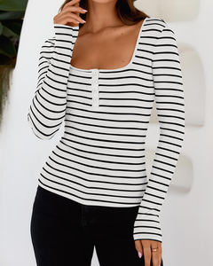 All'ingrosso da <span class=keywords><strong>donna</strong></span> a righe leggere top Sexy con collo a U top base alla moda con costine a maniche lunghe abbinate Streetwear - Product Image 5