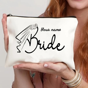 Pochette de maquillage personnalisée en toile avec nom de la mariée, impression de voile de mariage, trousse de toilette réutilisable avec fermeture éclair, cadeau de mariage - Product Image 1
