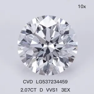 IGI sertifikası taş Lab yetiştirilen D VVS1 CVD elmas yuvarlak 2.07ct 3EX kesim gerçek gevşek elmas