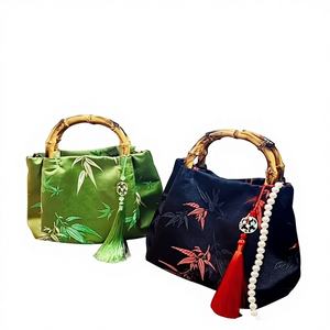 Bolso de Mano de Lujo con Forma de Caña, Dos Correas, Cierre de Cremallera, Tela de Seda Antigua, Bolso Bandolera con Perlas, Estilo Chino Tradicional - Product Image 1