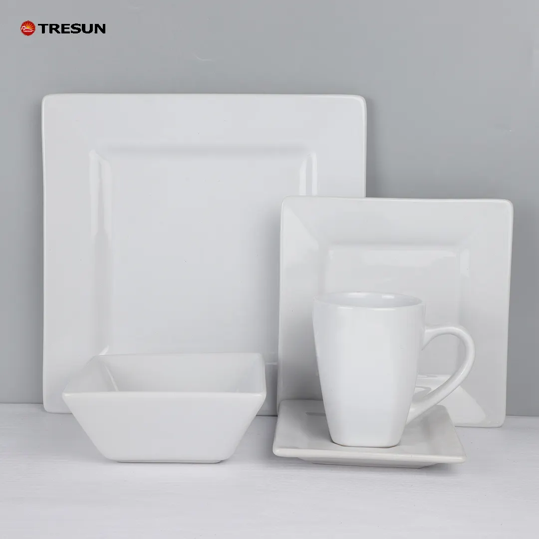20-pieces plate and bowl simple Europe design white square stoneware tableware set with mug