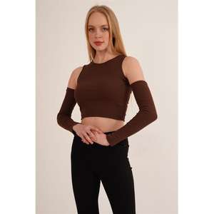 Blouse Marron Vintage à Détail d'Épaule, Col Rond, Technique Lavée, Respirante, Style Tendance pour Été Printemps Automne XL - Product Image 4