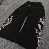 Jean baggy vintage noir délavé à l'acide pour homme, coupe droite, avec broderie 3D surdimensionnée et motif de designer, style hip-hop