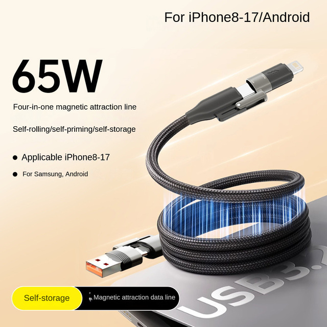 65W 4-in-1 Magnetic Self-Winding Foil Nylon Cable 20Gbps 4K60Hz Fast Charge Anti-Tangle IOS/Android/Phone/Laptop/Car Hot Sale