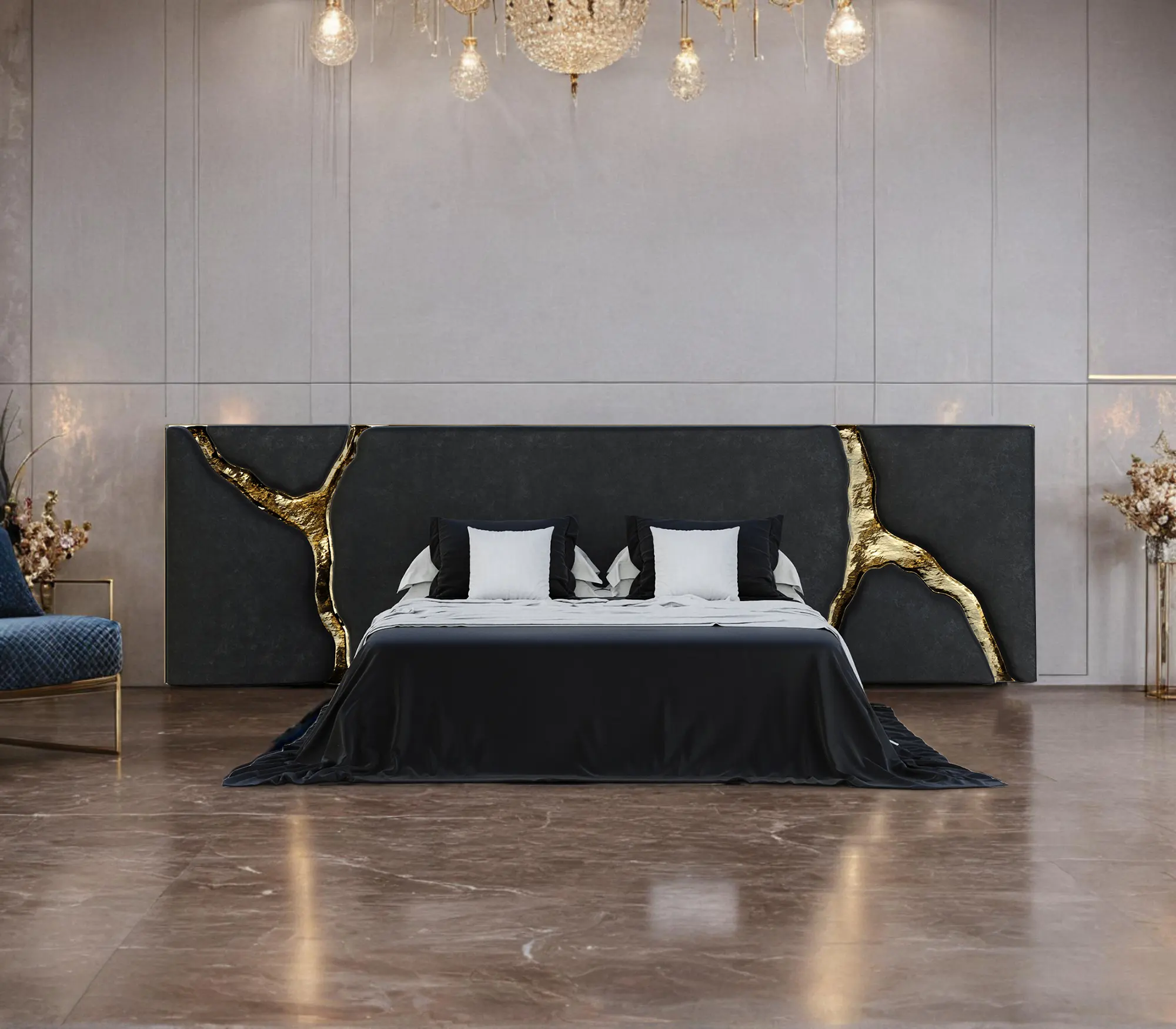 مجموعة أثاث غرفة نوم منزلية مريحة حسب الطلب من One Stop أسود اللون سرير فندقي كبير الحجم عصري