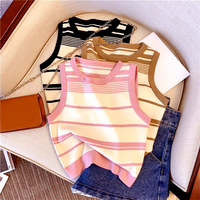 Débardeur court rétro pour femme, collection printemps-été, décontracté, polyvalent, rayé, sans manches, tricoté, coupe courte