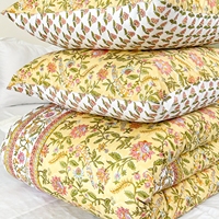 Parure de lit 100 % coton style bohème à imprimé floral jaune, motif botanique indien, housse de couette Queen/King
