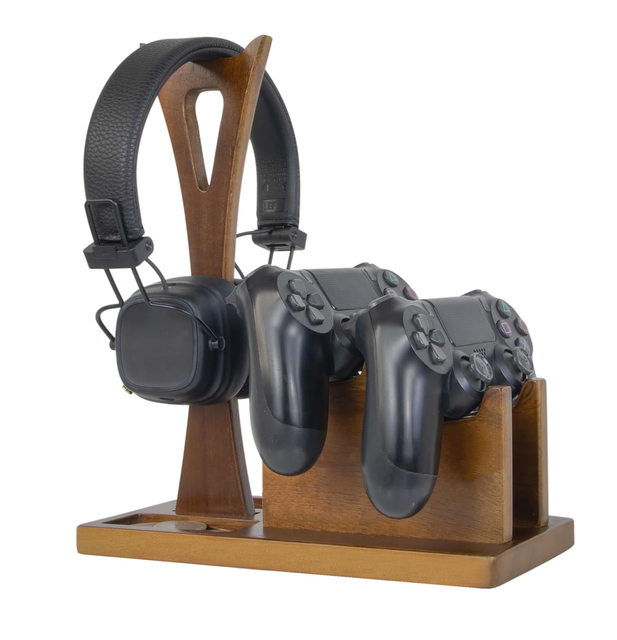 Gaming Controller & Headphone Stand - 2-in-1 Wooden Organizer for Gamepads & Headsets, Universal Holder for Major Consoles