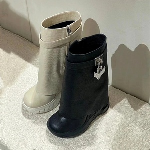 Women Wedge Ankle Boots Black Turn Over High <b>Heel</b> <b>Round</b> <b>Toe</b> Short Female Shark Lock Causal Increasing Height Shoes - Product Image 4