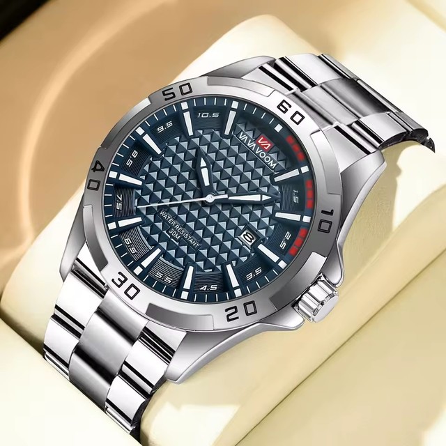 VA VA VOOM Men's Luxury Fashion Oval Charm Alloy Quartz Watch Stainless Steel Sport Waterproof Calendar Blue Dial Watches Man