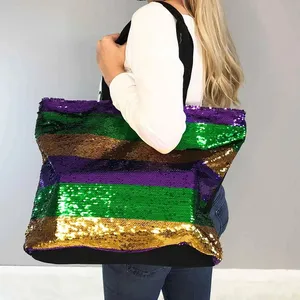 Wholesale Mardi Gras Sequin Purple Green Gold Stripe Women Shopping Totes Bags