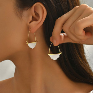 Hoop <b>Earrings</b> Fan Shape Mother Of Pearl Inlay Geometric Design Everyday Wear Stainless Steel Ear <b>Post</b> - Product Image 1