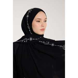 Pañuelos Hijab de Voile con Patrón de Luna Creciente Bordados en Blanco y Negro de Primera Calidad para Invierno, Material de Algodón, Poliéster y Chifón - Product Image 2