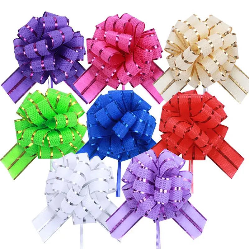 Hot sell 3 lines wedding car Decoration Pom Pom Pull flower Bow embossed pattern organza Pull Bow ribbon