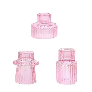 Atacado Clear Green Ribbed Tea Light Capered Glass Candle Holder para casamento